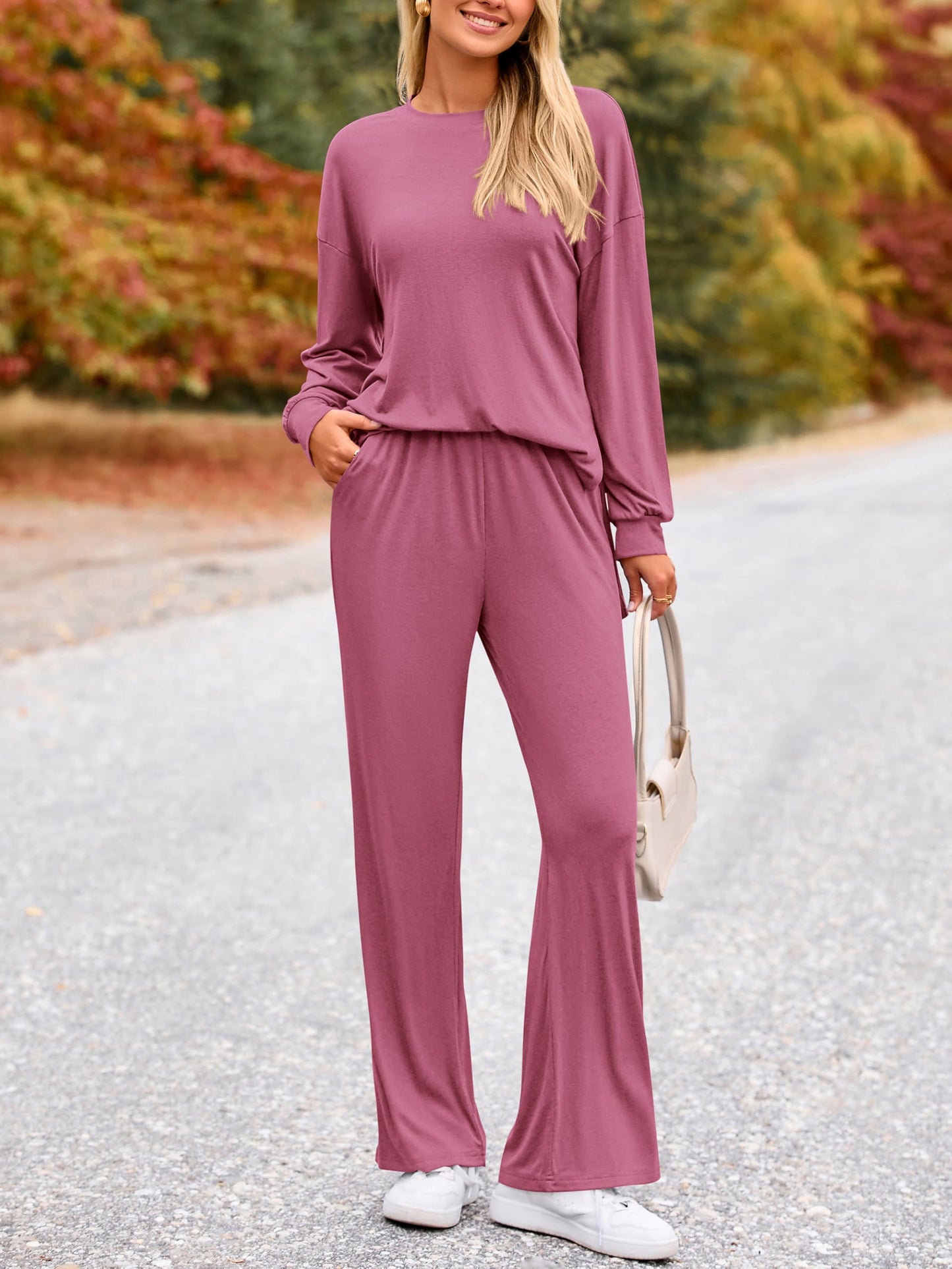 PRETTYGARDEN Womens 2025 Casual Lounge Sets Long Sleeve Tops Wide Leg Long Pants Fall Crewneck 2 Piece Outfits Tracksuits(Wine Red,Small)