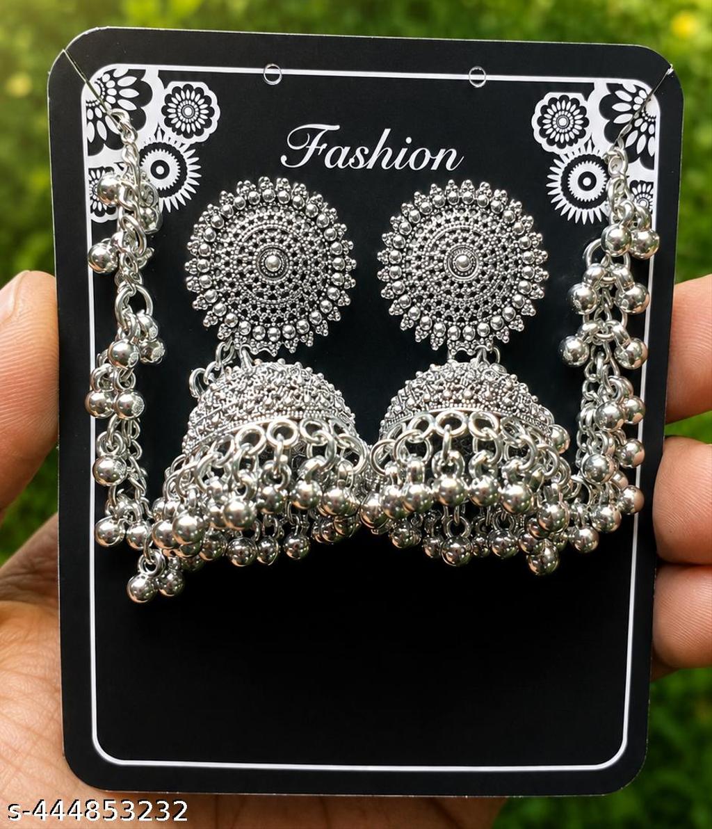 Oxidised Silver Bahubali Jhumka with Hair Chain
