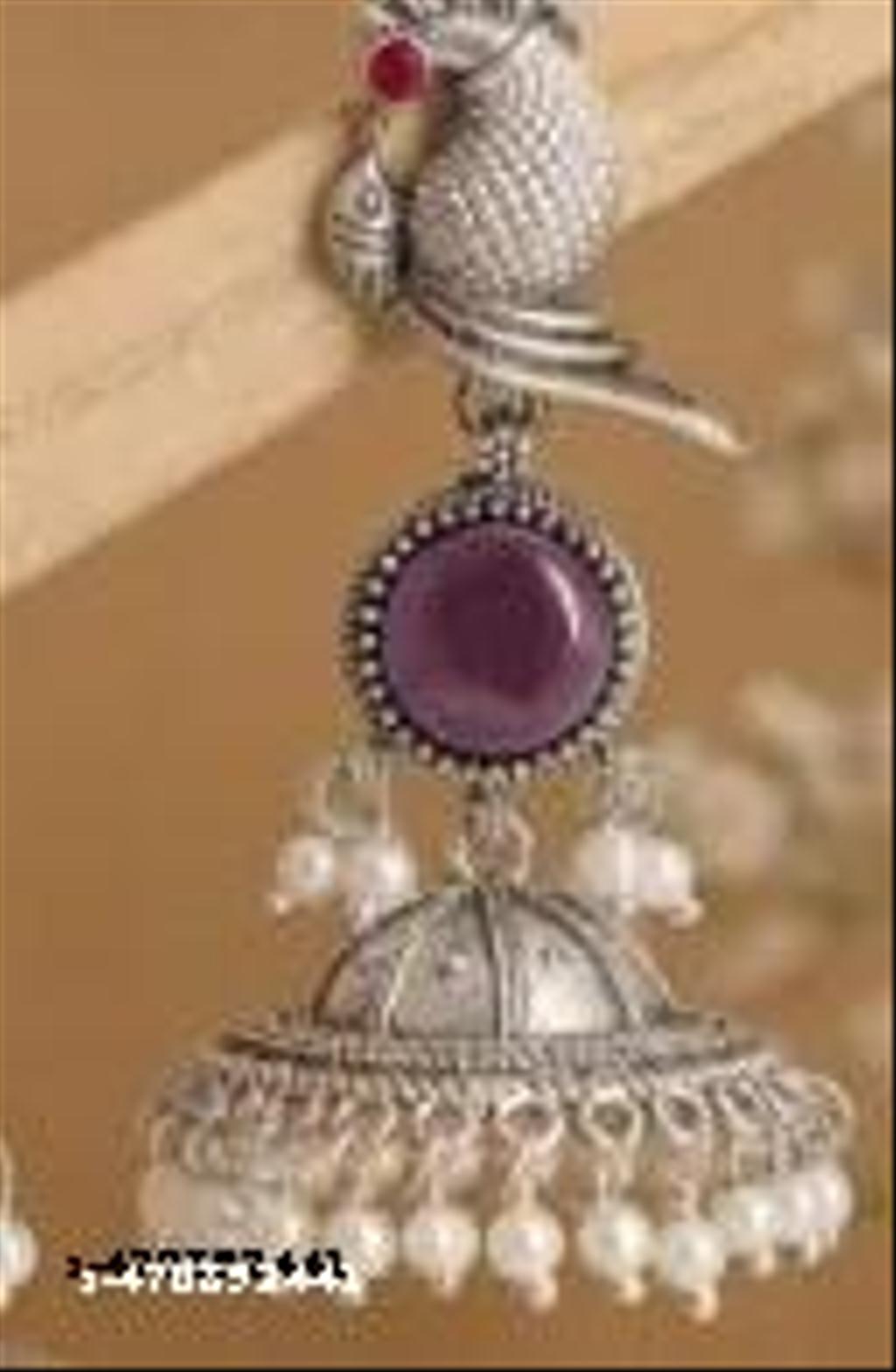 Bird Design Oxidised Jhumka Earrings with Pearls – view 3