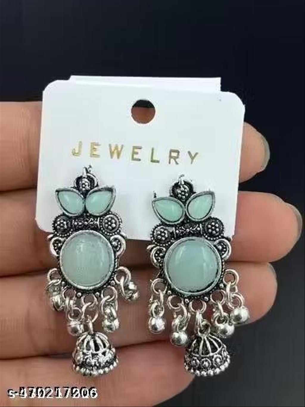 Oxidised Silver Chandbali Jhumkas with Coloured Stones – view 4