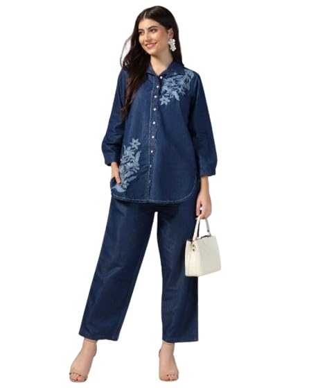 Stylish Denim Embroidered Cord Set for Women - Floral Blue Full-Sleeve Dress