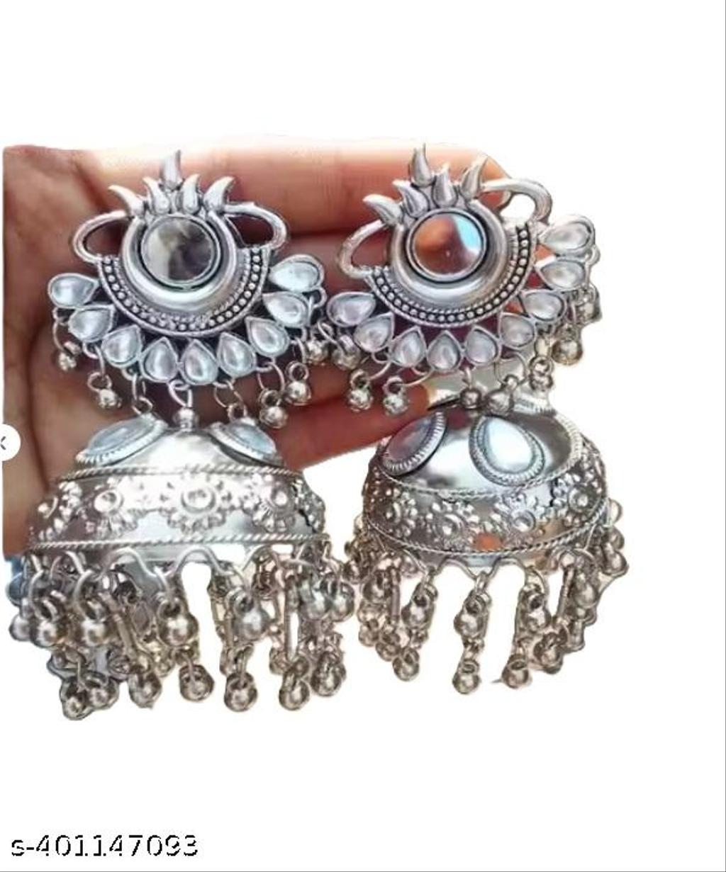 Mirror Work Oxidised Silver Jhumka Earrings – view 2
