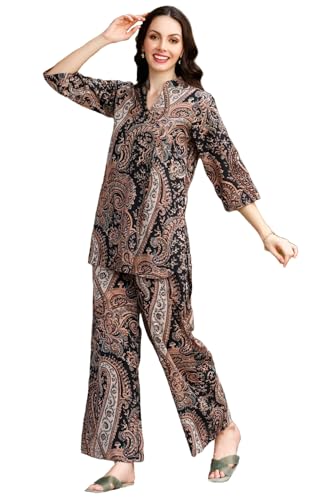 Women's Cotton Blend Mid Thigh Printed Co-Ord Set (JID Keri Black Co-Ord_L_Black_Large)