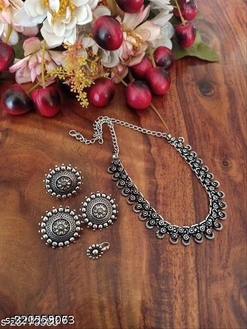 Oxidised Silver Choker Necklace Set with Earrings