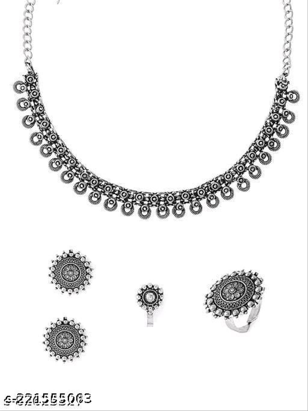 Oxidised Silver Choker Necklace Set with Earrings – view 3