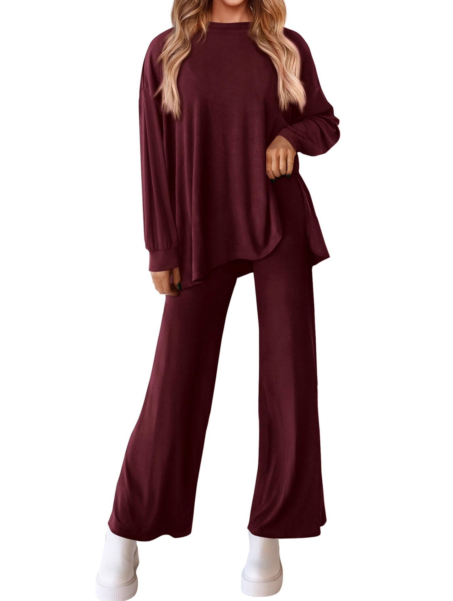 PRETTYGARDEN Womens 2025 Casual Lounge Sets Long Sleeve Tops Wide Leg Long Pants Fall Crewneck 2 Piece Outfits Tracksuits(Wine Red,Small)
