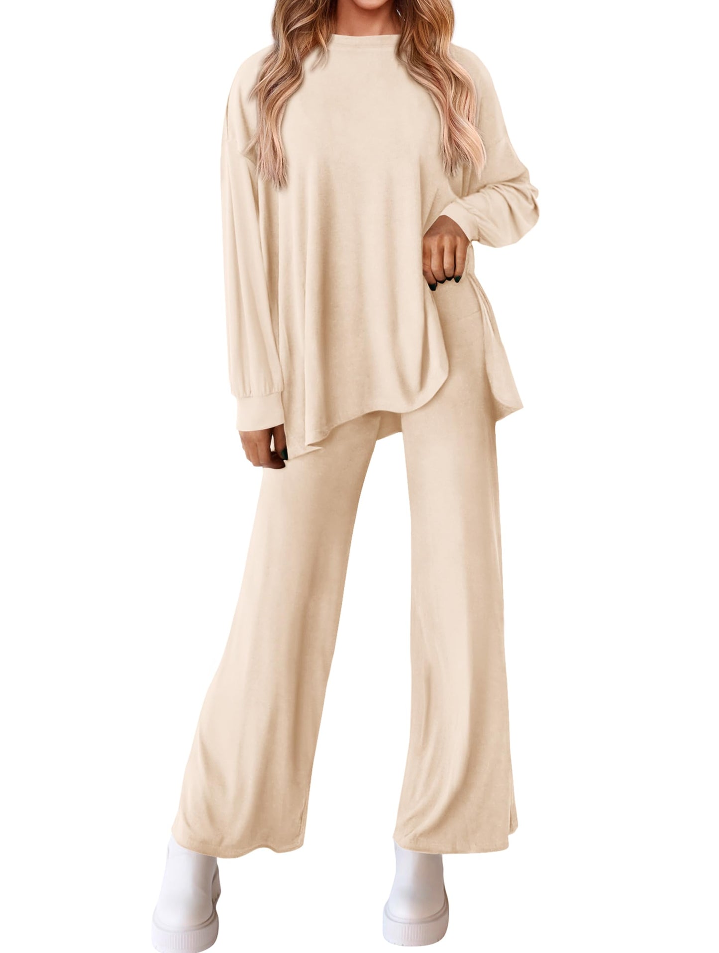 PRETTYGARDEN Womens 2025 Casual Lounge Sets Long Sleeve Tops Wide Leg Long Pants Fall Crewneck 2 Piece Outfits Tracksuits(Wine Red,Small)