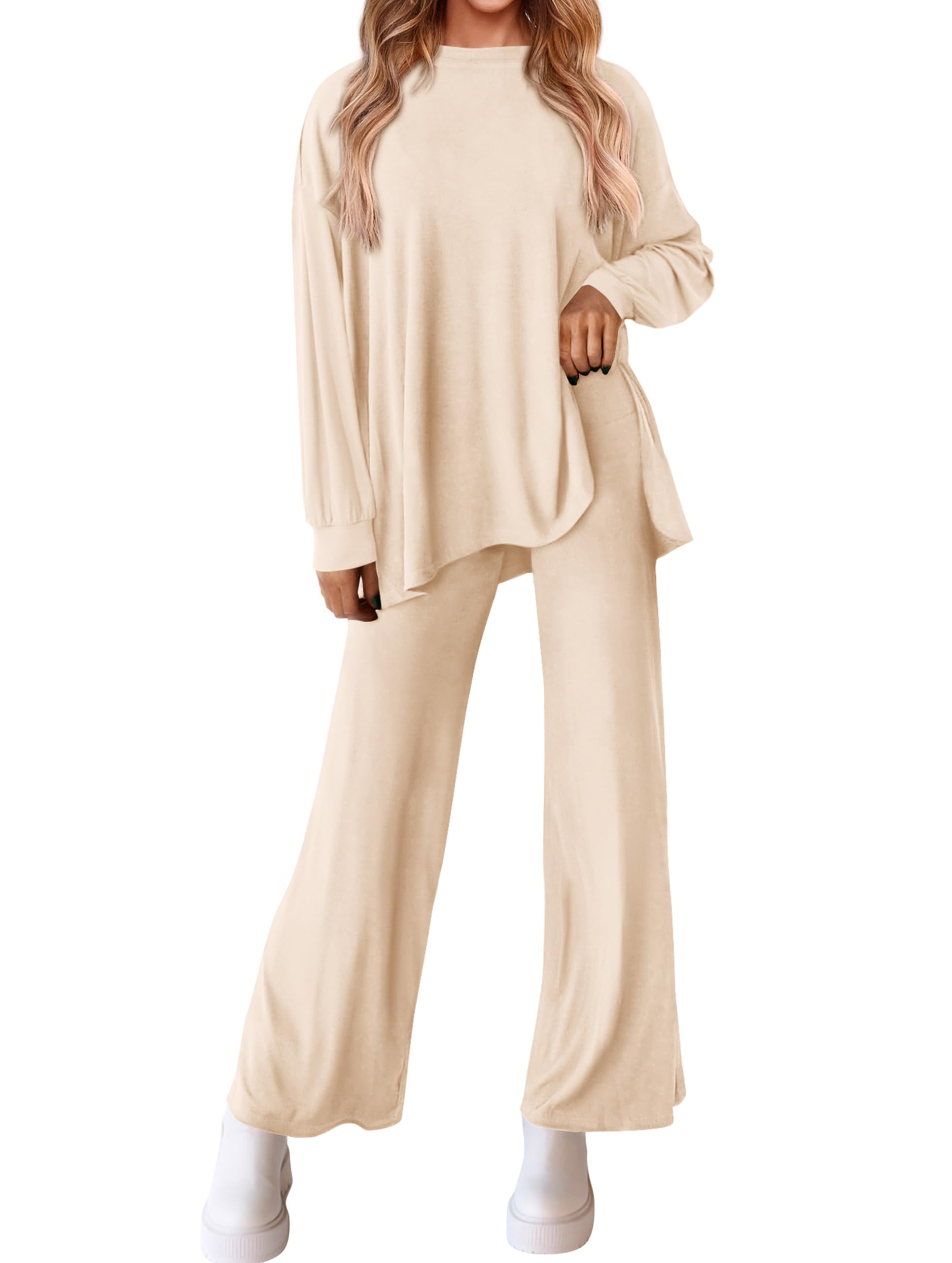 PRETTYGARDEN Womens 2025 Casual Lounge Sets Long Sleeve Tops Wide Leg Long Pants Fall Crewneck 2 Piece Outfits Tracksuits(Wine Red,Small)