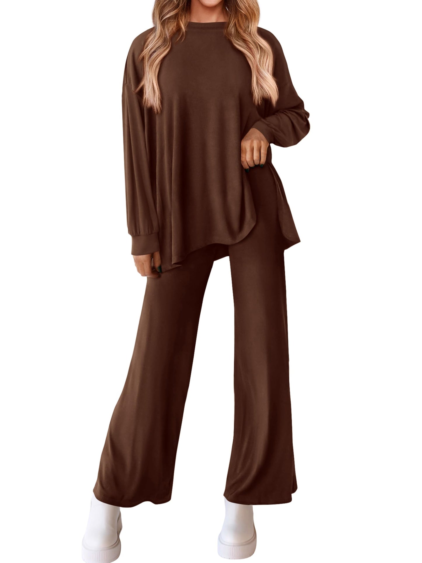 PRETTYGARDEN Womens 2025 Casual Lounge Sets Long Sleeve Tops Wide Leg Long Pants Fall Crewneck 2 Piece Outfits Tracksuits(Wine Red,Small)