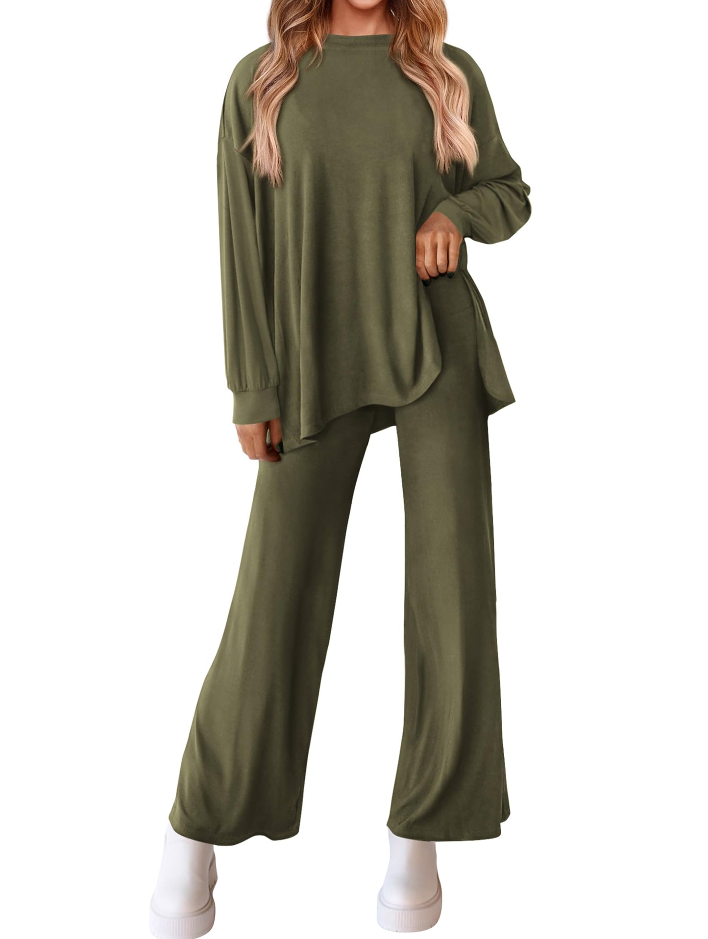 PRETTYGARDEN Womens 2025 Casual Lounge Sets Long Sleeve Tops Wide Leg Long Pants Fall Crewneck 2 Piece Outfits Tracksuits(Wine Red,Small)