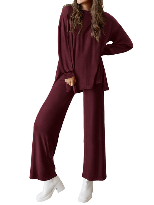 PRETTYGARDEN Womens 2025 Casual Lounge Sets Long Sleeve Tops Wide Leg Long Pants Fall Crewneck 2 Piece Outfits Tracksuits(Wine Red,Small)