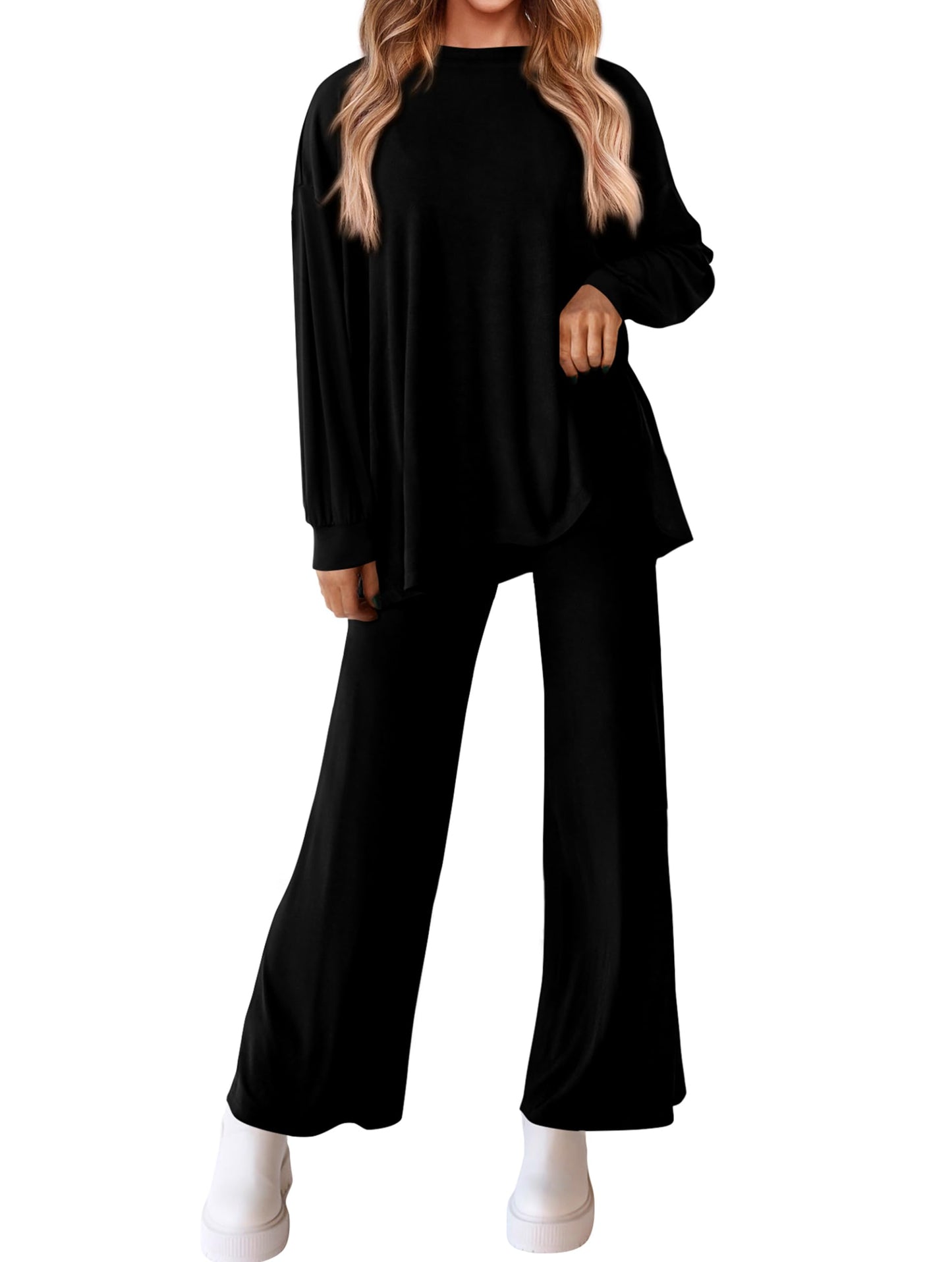 PRETTYGARDEN Womens 2025 Casual Lounge Sets Long Sleeve Tops Wide Leg Long Pants Fall Crewneck 2 Piece Outfits Tracksuits(Wine Red,Small)