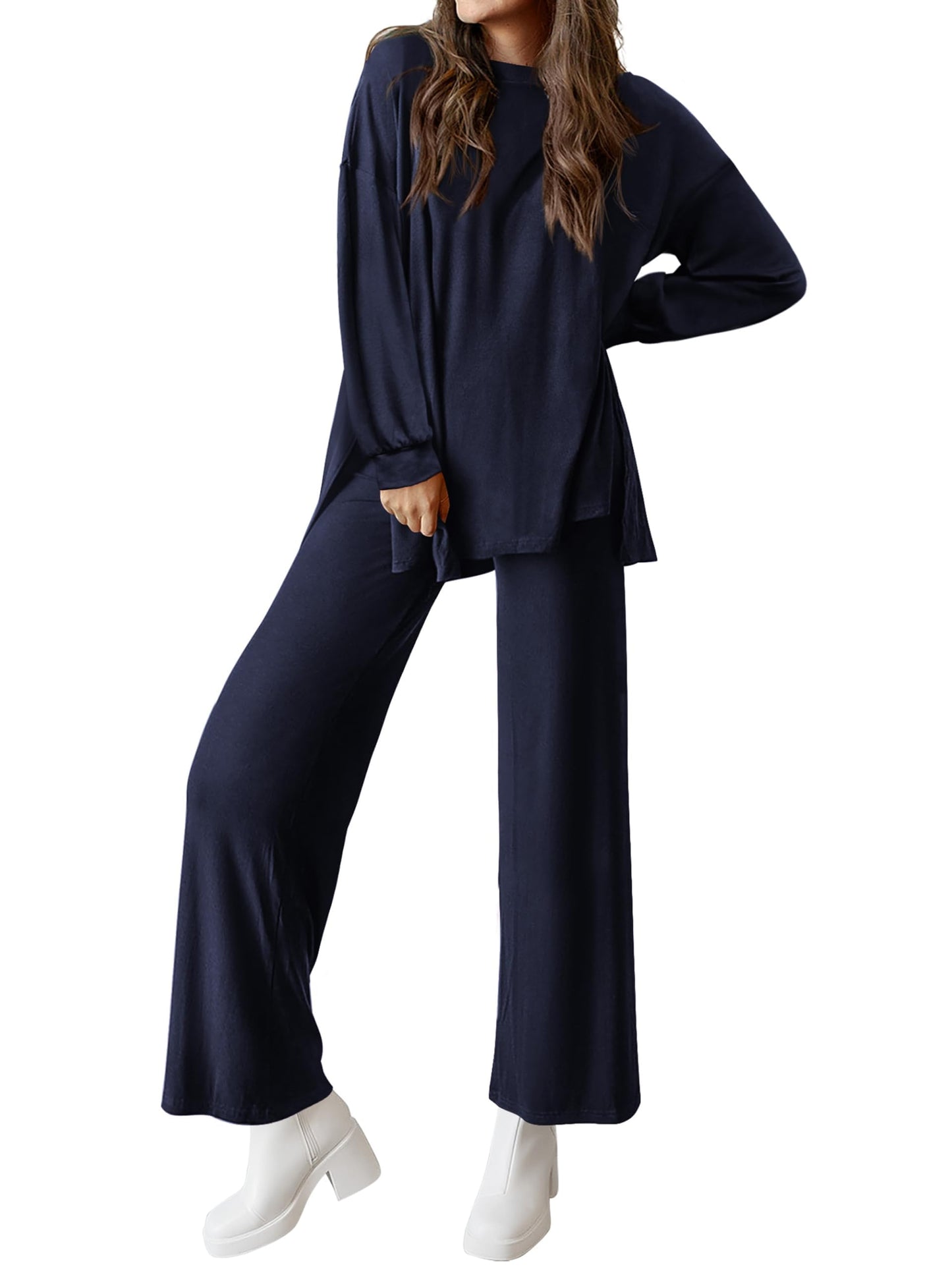 PRETTYGARDEN Womens 2025 Casual Lounge Sets Long Sleeve Tops Wide Leg Long Pants Fall Crewneck 2 Piece Outfits Tracksuits(Wine Red,Small)