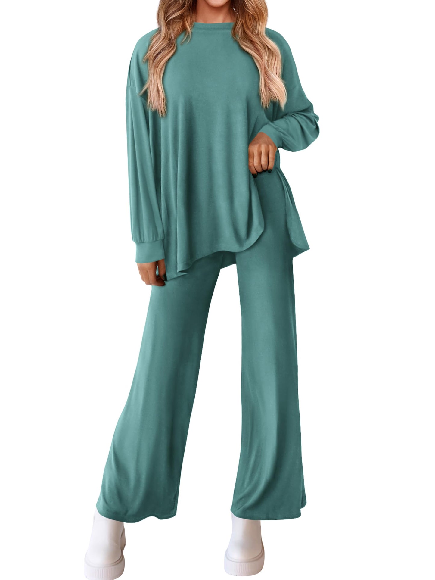PRETTYGARDEN Womens 2025 Casual Lounge Sets Long Sleeve Tops Wide Leg Long Pants Fall Crewneck 2 Piece Outfits Tracksuits(Wine Red,Small)