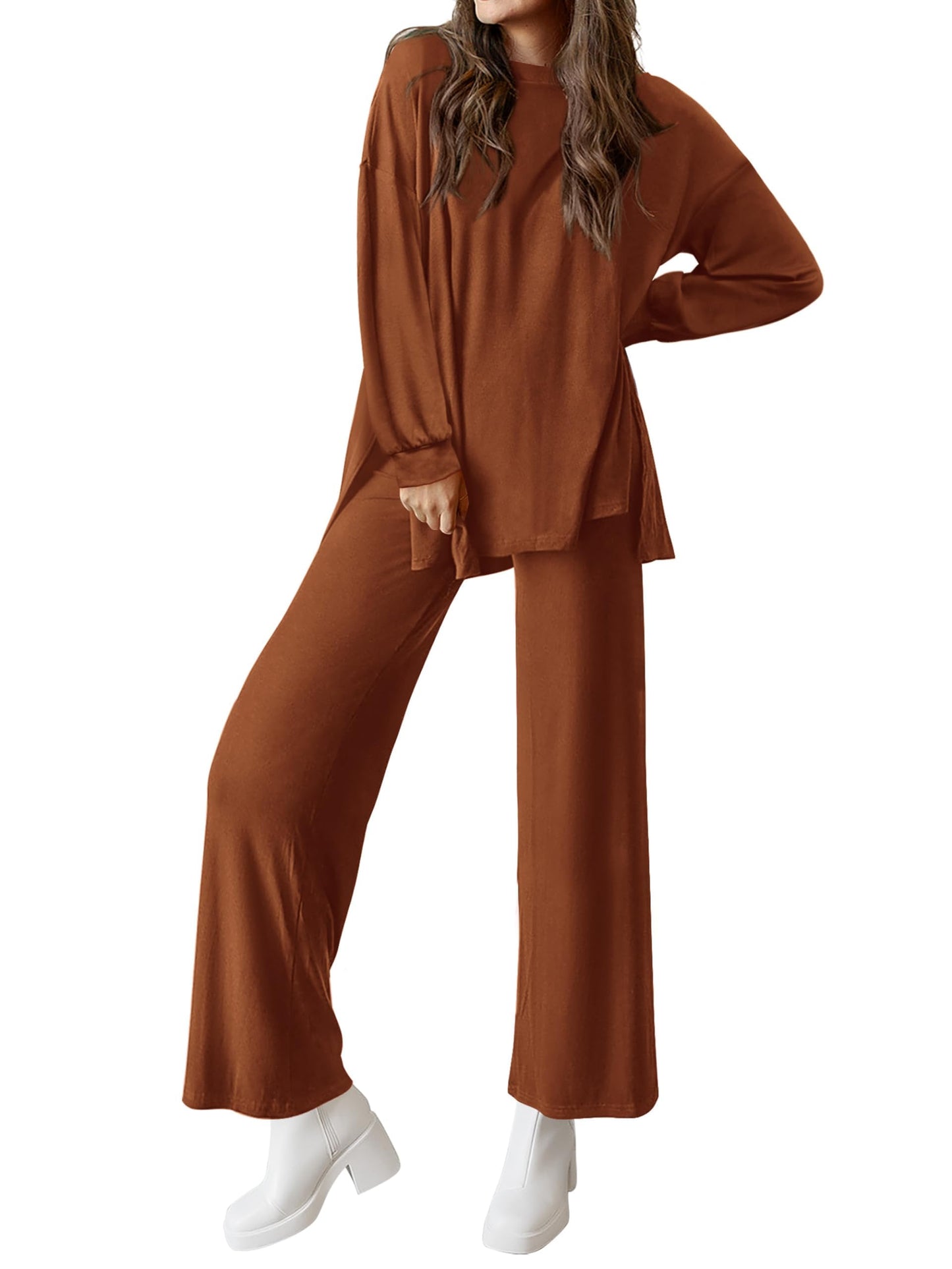 PRETTYGARDEN Womens 2025 Casual Lounge Sets Long Sleeve Tops Wide Leg Long Pants Fall Crewneck 2 Piece Outfits Tracksuits(Wine Red,Small)
