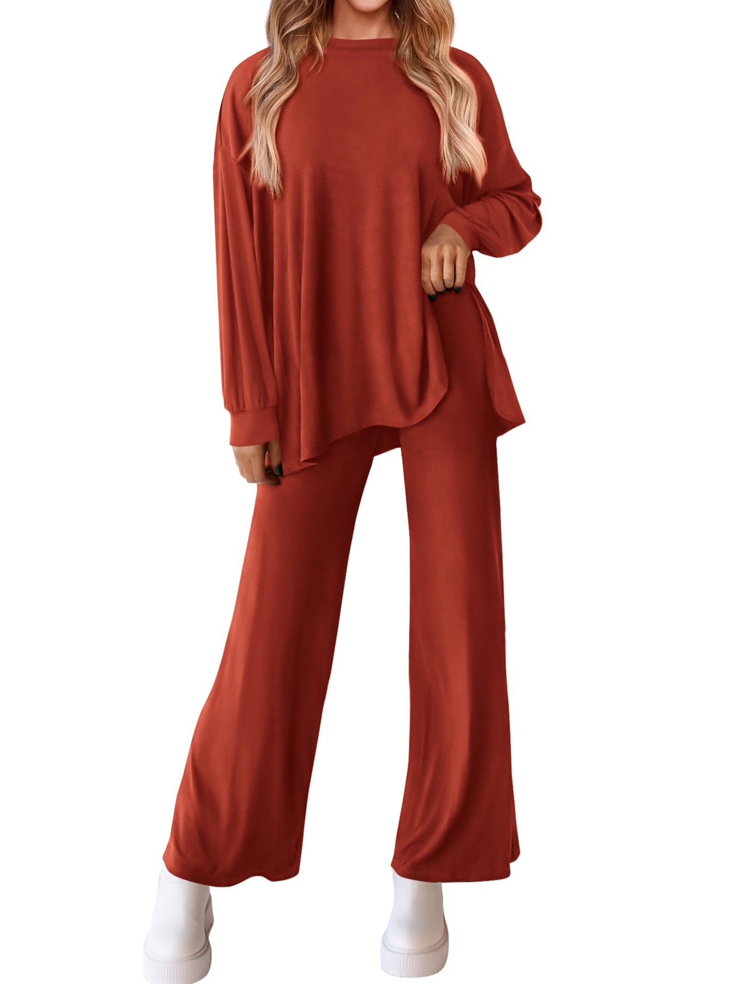 PRETTYGARDEN Womens 2025 Casual Lounge Sets Long Sleeve Tops Wide Leg Long Pants Fall Crewneck 2 Piece Outfits Tracksuits(Wine Red,Small)
