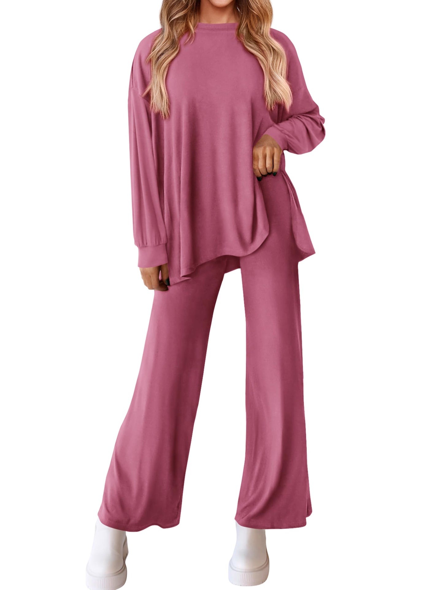 PRETTYGARDEN Womens 2025 Casual Lounge Sets Long Sleeve Tops Wide Leg Long Pants Fall Crewneck 2 Piece Outfits Tracksuits(Wine Red,Small)