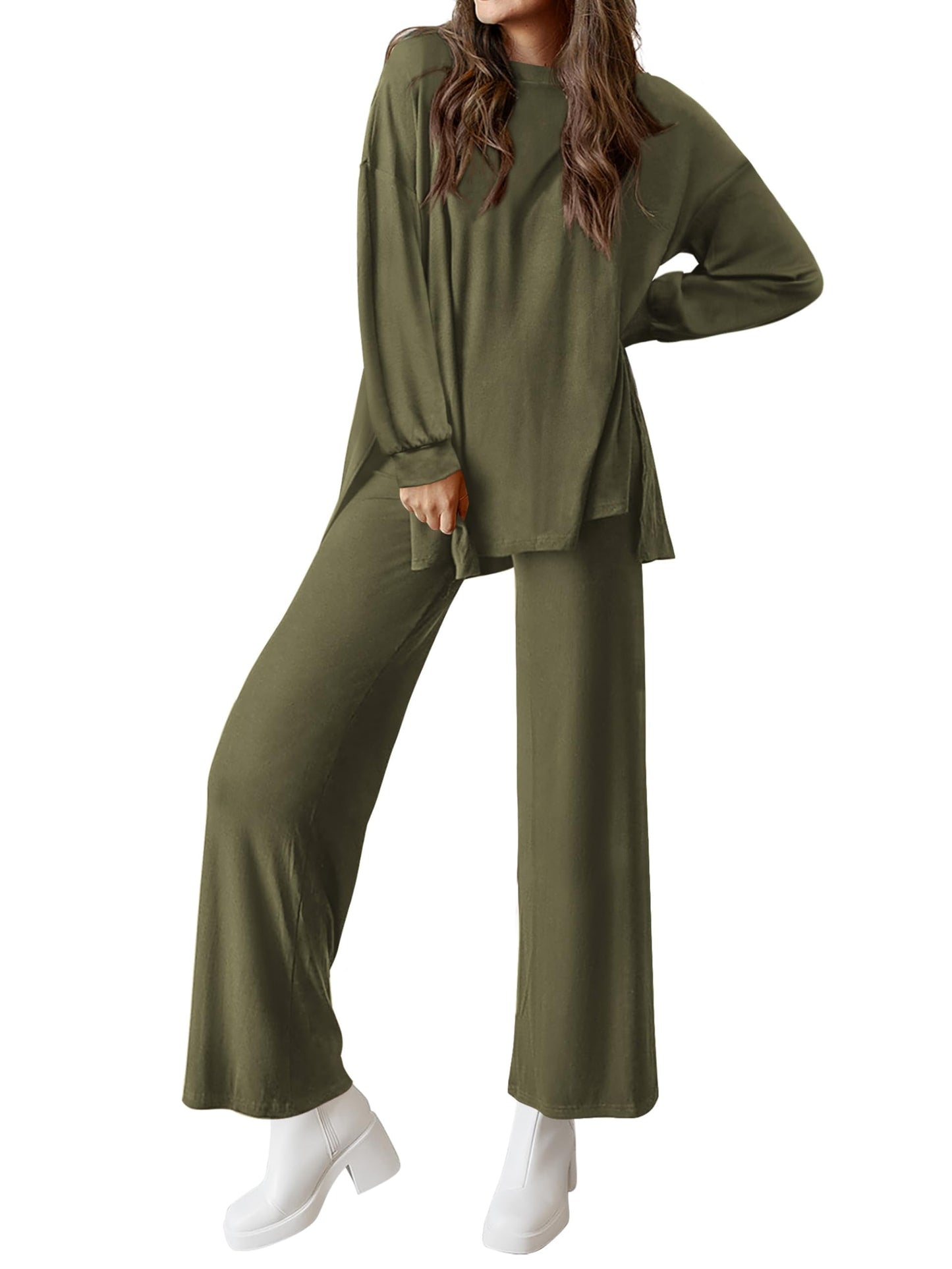 PRETTYGARDEN Womens 2025 Casual Lounge Sets Long Sleeve Tops Wide Leg Long Pants Fall Crewneck 2 Piece Outfits Tracksuits(Wine Red,Small)