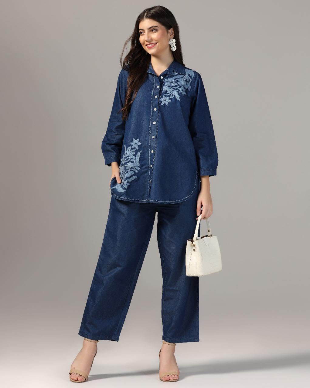 Stylish Denim Embroidered Cord Set for Women - Floral Blue Full-Sleeve Dress