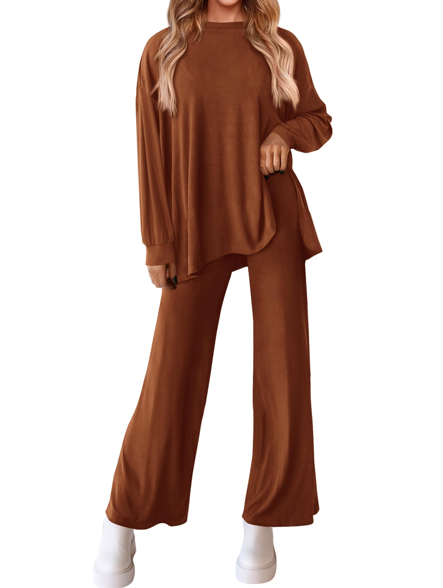PRETTYGARDEN Womens 2025 Casual Lounge Sets Long Sleeve Tops Wide Leg Long Pants Fall Crewneck 2 Piece Outfits Tracksuits(Wine Red,Small)