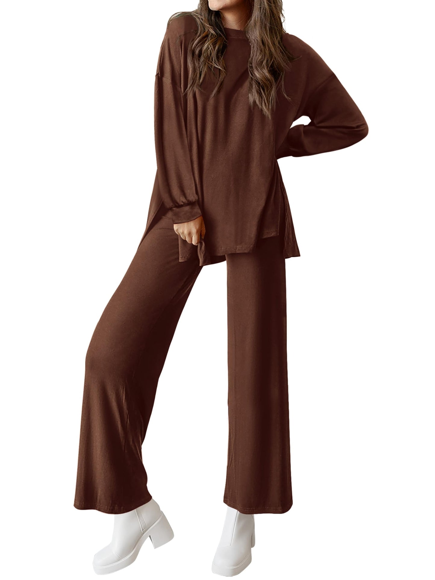 PRETTYGARDEN Womens 2025 Casual Lounge Sets Long Sleeve Tops Wide Leg Long Pants Fall Crewneck 2 Piece Outfits Tracksuits(Wine Red,Small)