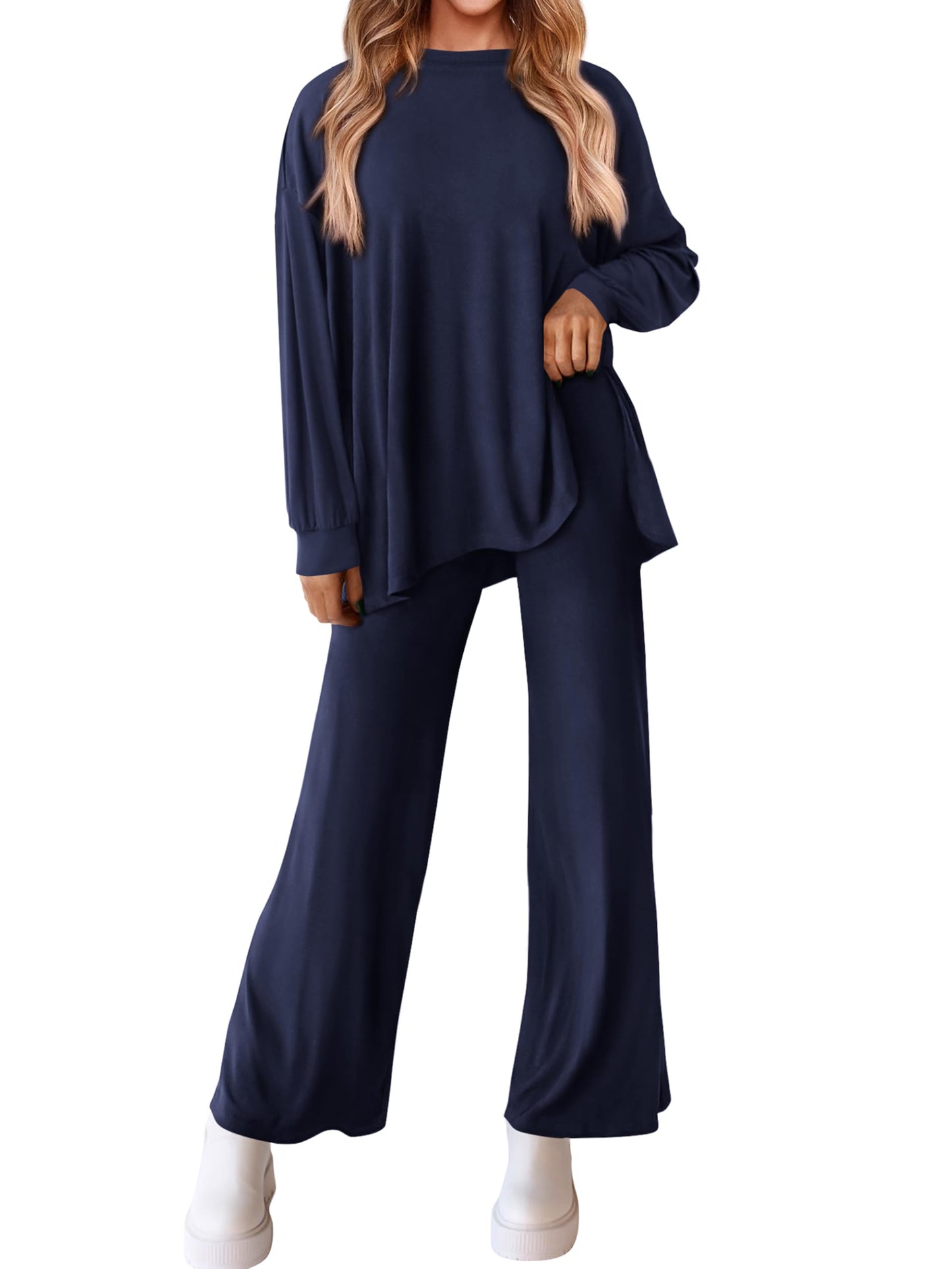 PRETTYGARDEN Womens 2025 Casual Lounge Sets Long Sleeve Tops Wide Leg Long Pants Fall Crewneck 2 Piece Outfits Tracksuits(Wine Red,Small)