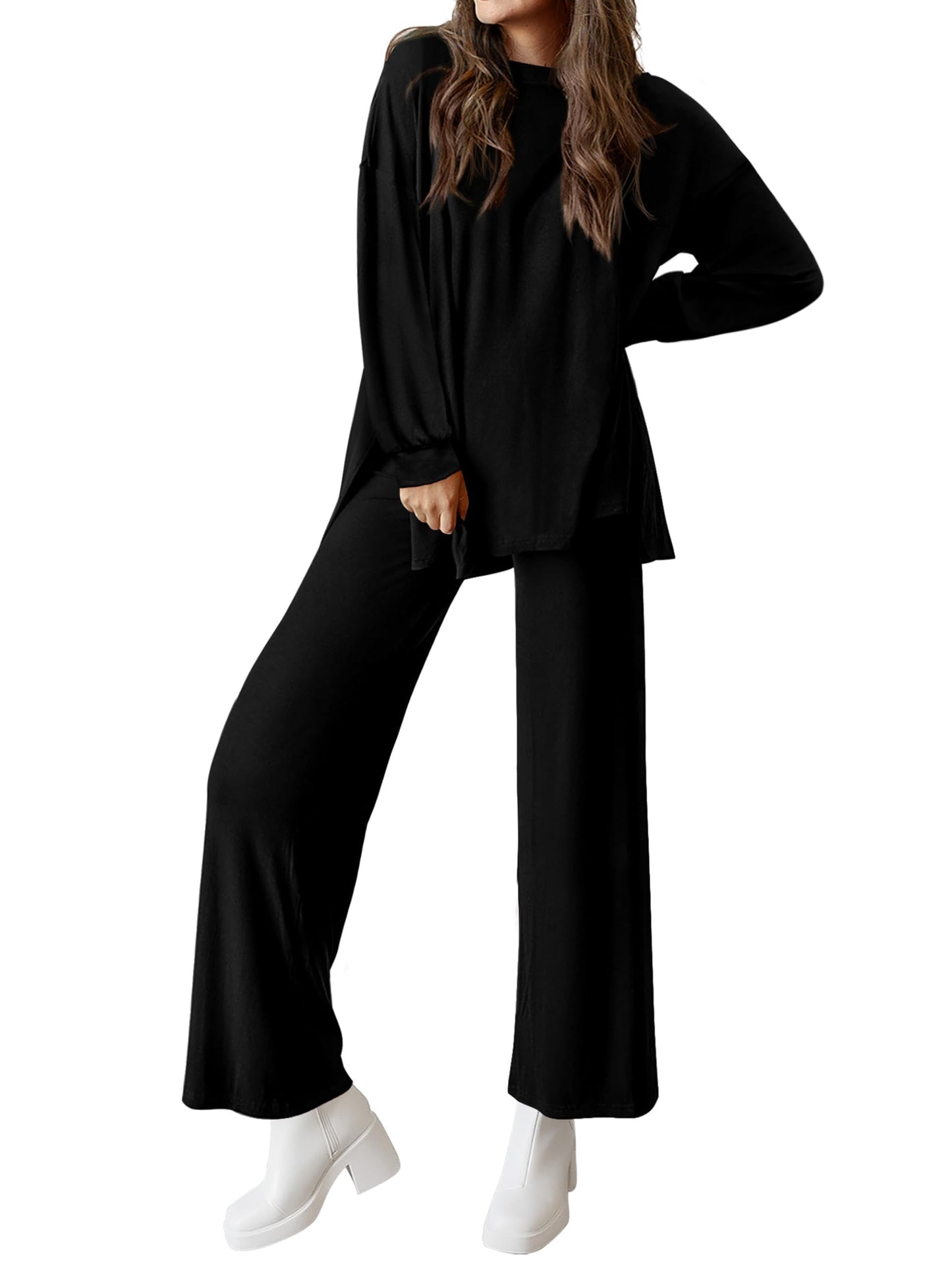 PRETTYGARDEN Womens 2025 Casual Lounge Sets Long Sleeve Tops Wide Leg Long Pants Fall Crewneck 2 Piece Outfits Tracksuits(Wine Red,Small)