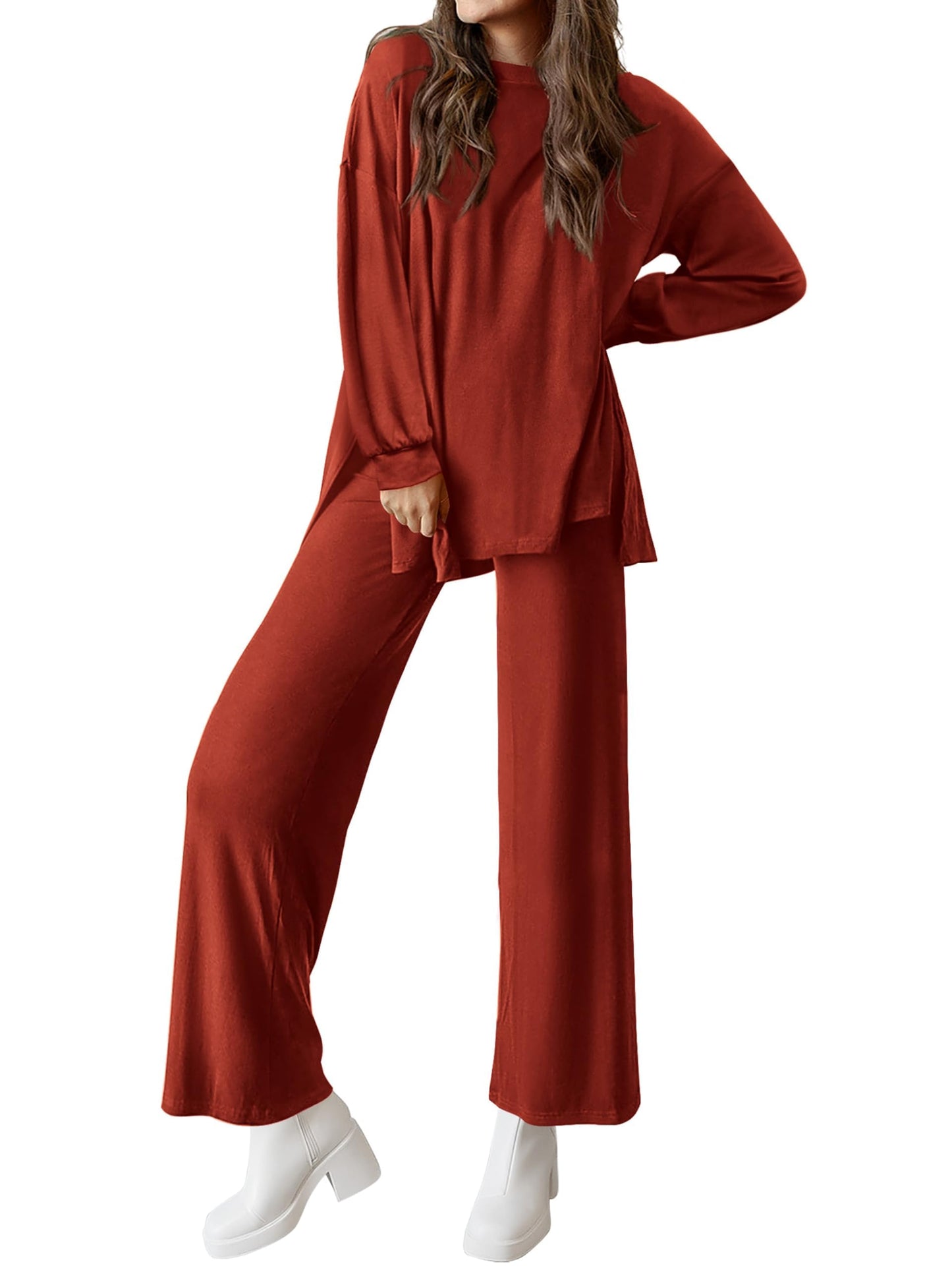 PRETTYGARDEN Womens 2025 Casual Lounge Sets Long Sleeve Tops Wide Leg Long Pants Fall Crewneck 2 Piece Outfits Tracksuits(Wine Red,Small)