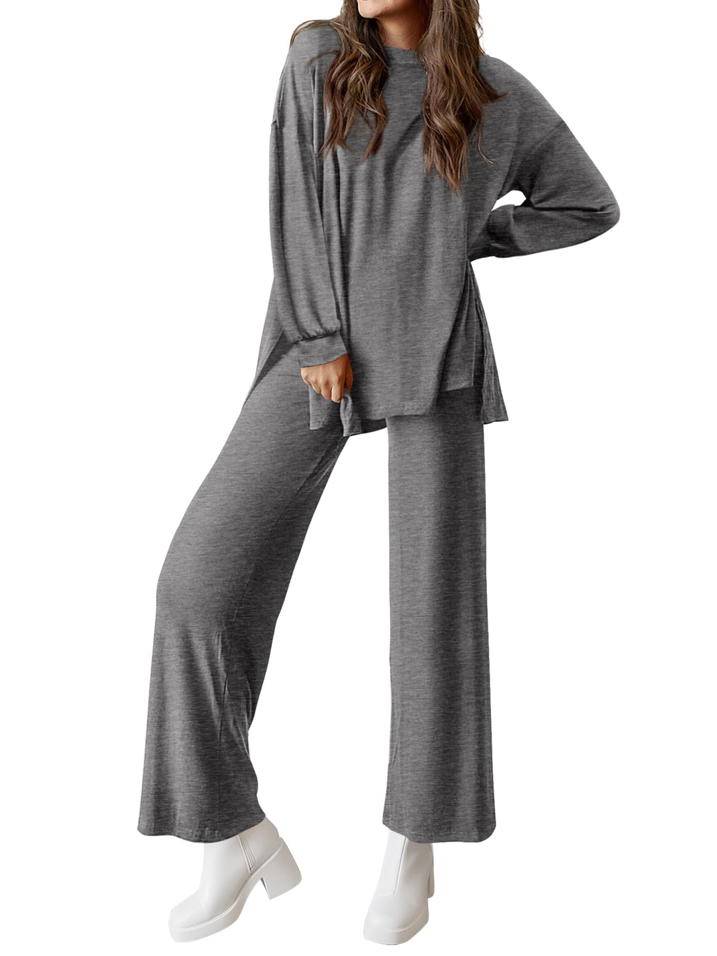 PRETTYGARDEN Womens 2025 Casual Lounge Sets Long Sleeve Tops Wide Leg Long Pants Fall Crewneck 2 Piece Outfits Tracksuits(Wine Red,Small)