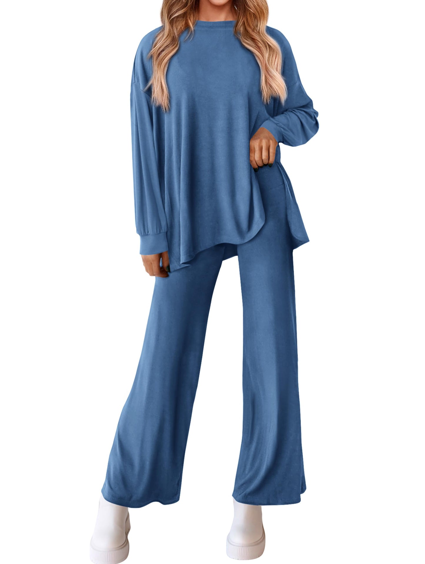 PRETTYGARDEN Womens 2025 Casual Lounge Sets Long Sleeve Tops Wide Leg Long Pants Fall Crewneck 2 Piece Outfits Tracksuits(Wine Red,Small)