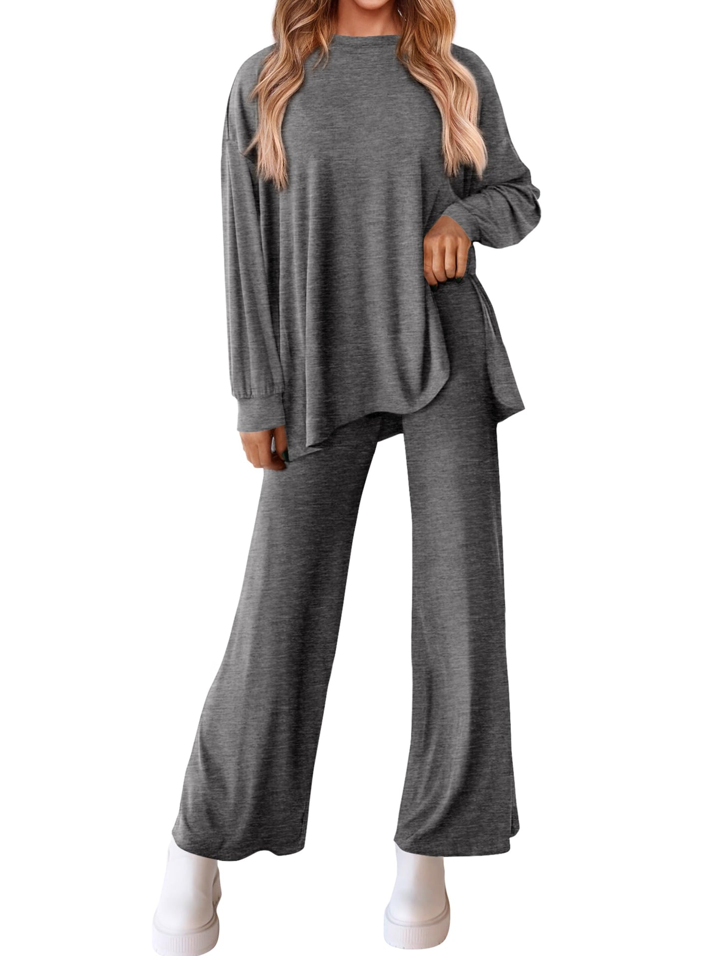 PRETTYGARDEN Womens 2025 Casual Lounge Sets Long Sleeve Tops Wide Leg Long Pants Fall Crewneck 2 Piece Outfits Tracksuits(Wine Red,Small)