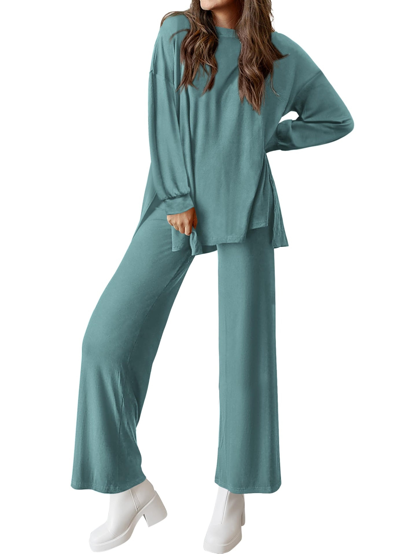 PRETTYGARDEN Womens 2025 Casual Lounge Sets Long Sleeve Tops Wide Leg Long Pants Fall Crewneck 2 Piece Outfits Tracksuits(Wine Red,Small)
