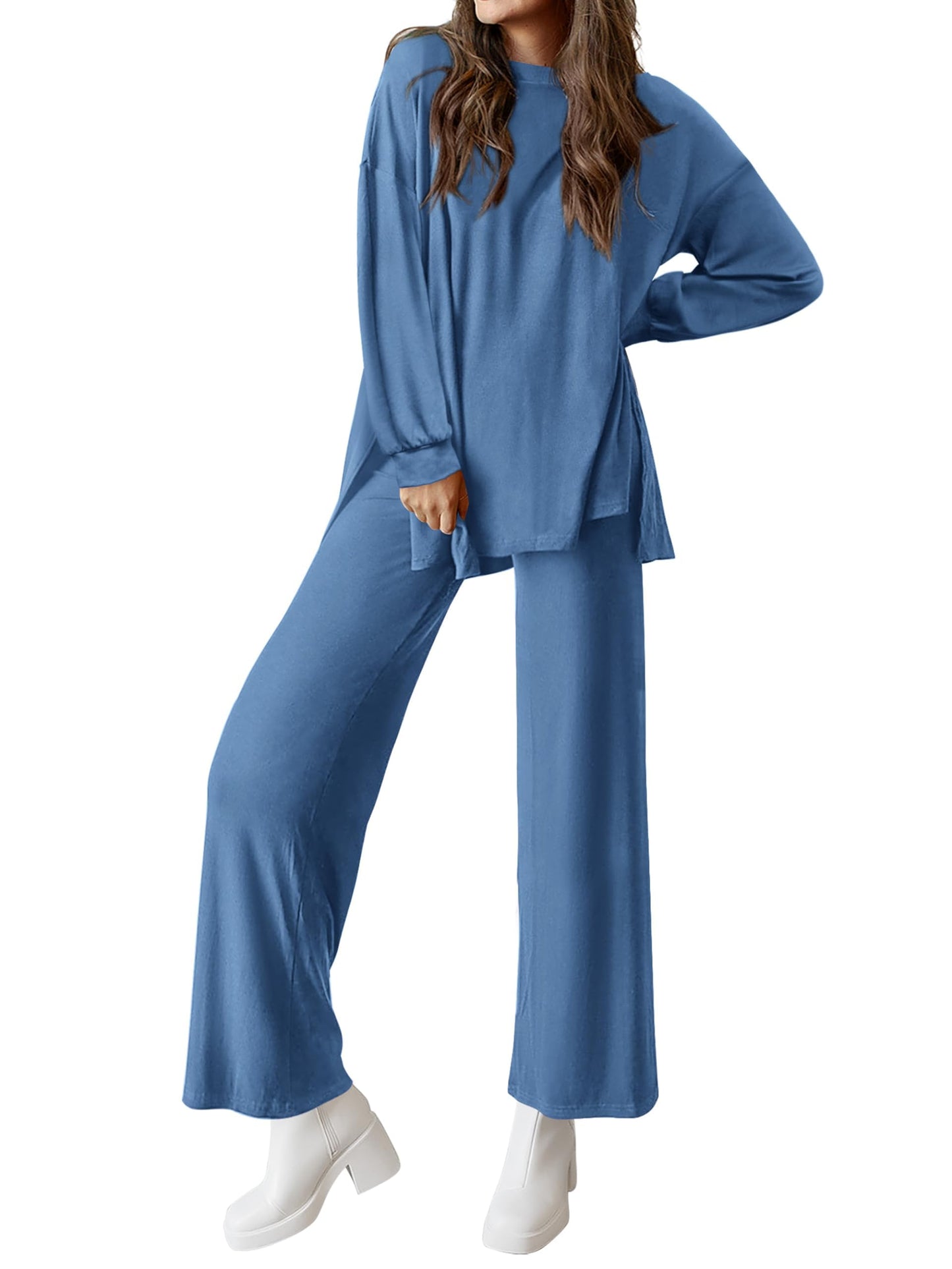 PRETTYGARDEN Womens 2025 Casual Lounge Sets Long Sleeve Tops Wide Leg Long Pants Fall Crewneck 2 Piece Outfits Tracksuits(Wine Red,Small)
