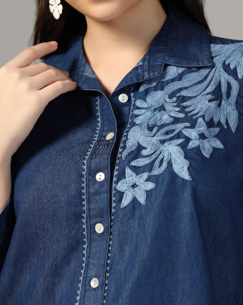 Stylish Denim Embroidered Cord Set for Women - Floral Blue Full-Sleeve Dress
