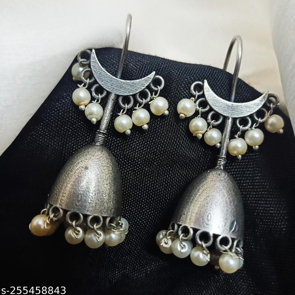 Oxidised Silver Bell Jhumkas with Pearls – view 4