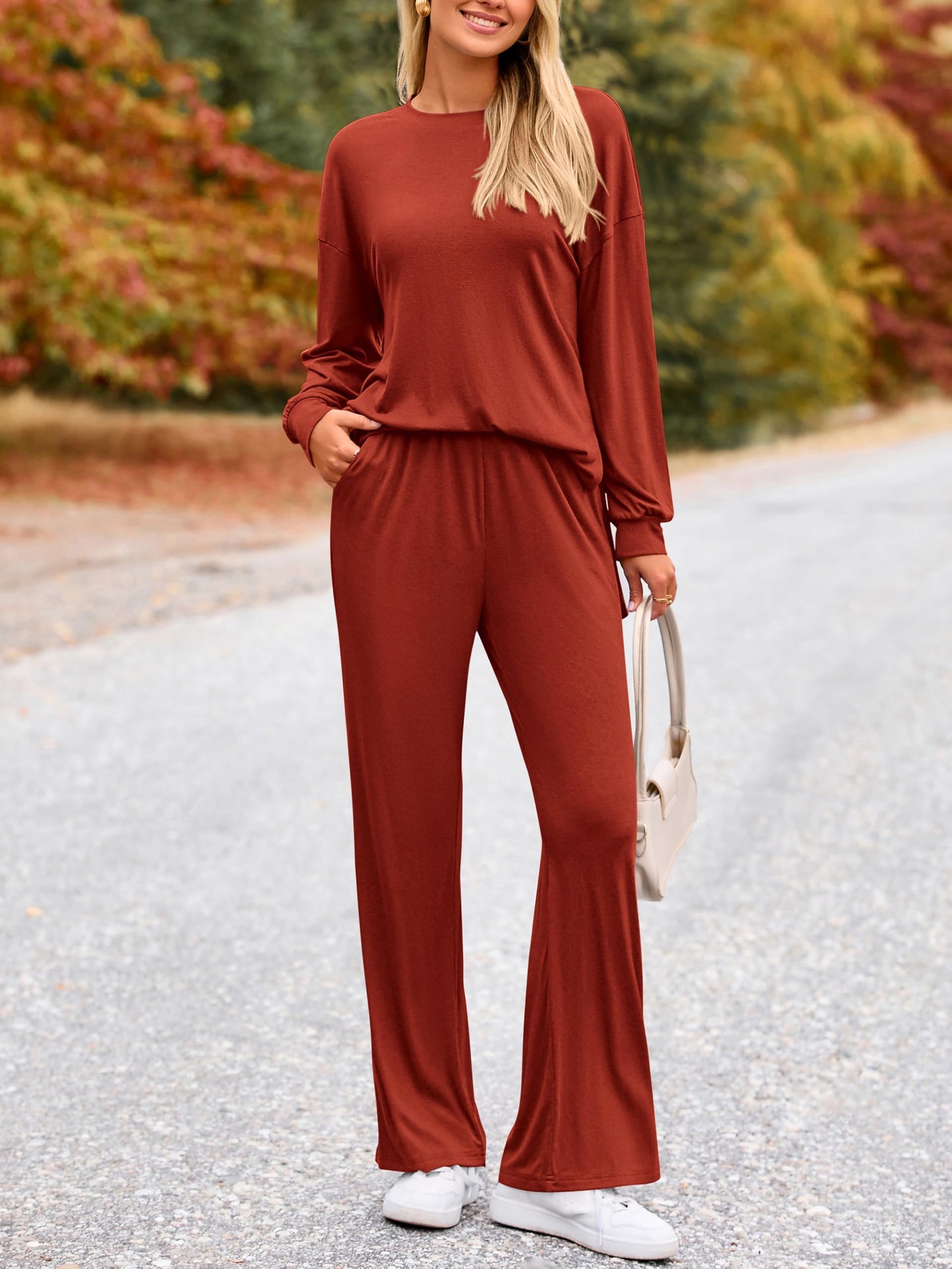 PRETTYGARDEN Womens 2025 Casual Lounge Sets Long Sleeve Tops Wide Leg Long Pants Fall Crewneck 2 Piece Outfits Tracksuits(Wine Red,Small)