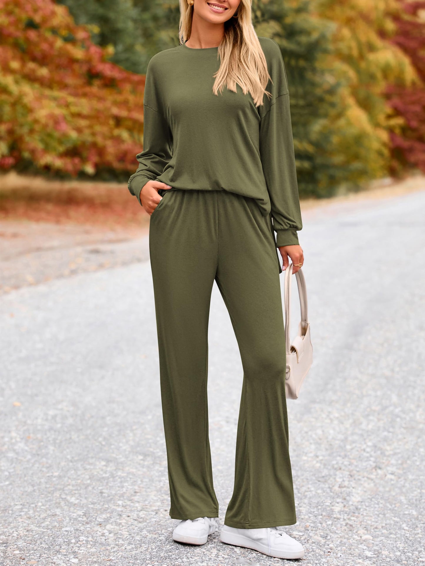 PRETTYGARDEN Womens 2025 Casual Lounge Sets Long Sleeve Tops Wide Leg Long Pants Fall Crewneck 2 Piece Outfits Tracksuits(Wine Red,Small)