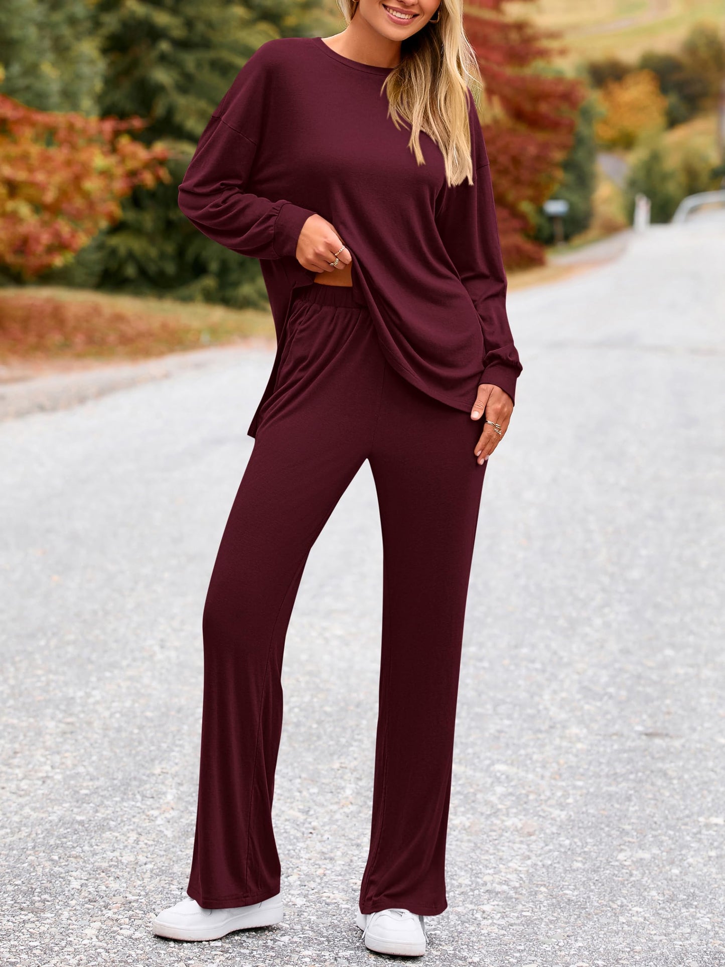 PRETTYGARDEN Womens 2025 Casual Lounge Sets Long Sleeve Tops Wide Leg Long Pants Fall Crewneck 2 Piece Outfits Tracksuits(Wine Red,Small)