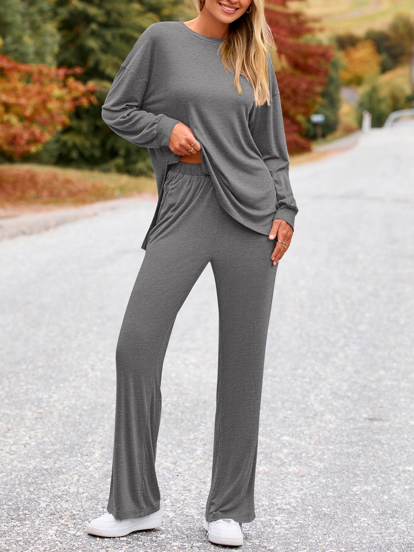 PRETTYGARDEN Womens 2025 Casual Lounge Sets Long Sleeve Tops Wide Leg Long Pants Fall Crewneck 2 Piece Outfits Tracksuits(Wine Red,Small)