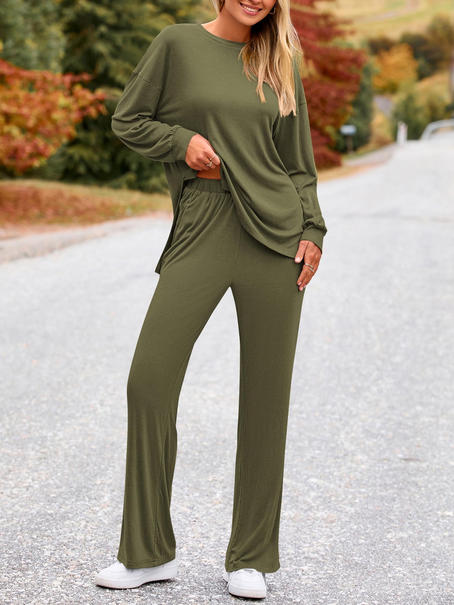 PRETTYGARDEN Womens 2025 Casual Lounge Sets Long Sleeve Tops Wide Leg Long Pants Fall Crewneck 2 Piece Outfits Tracksuits(Wine Red,Small)