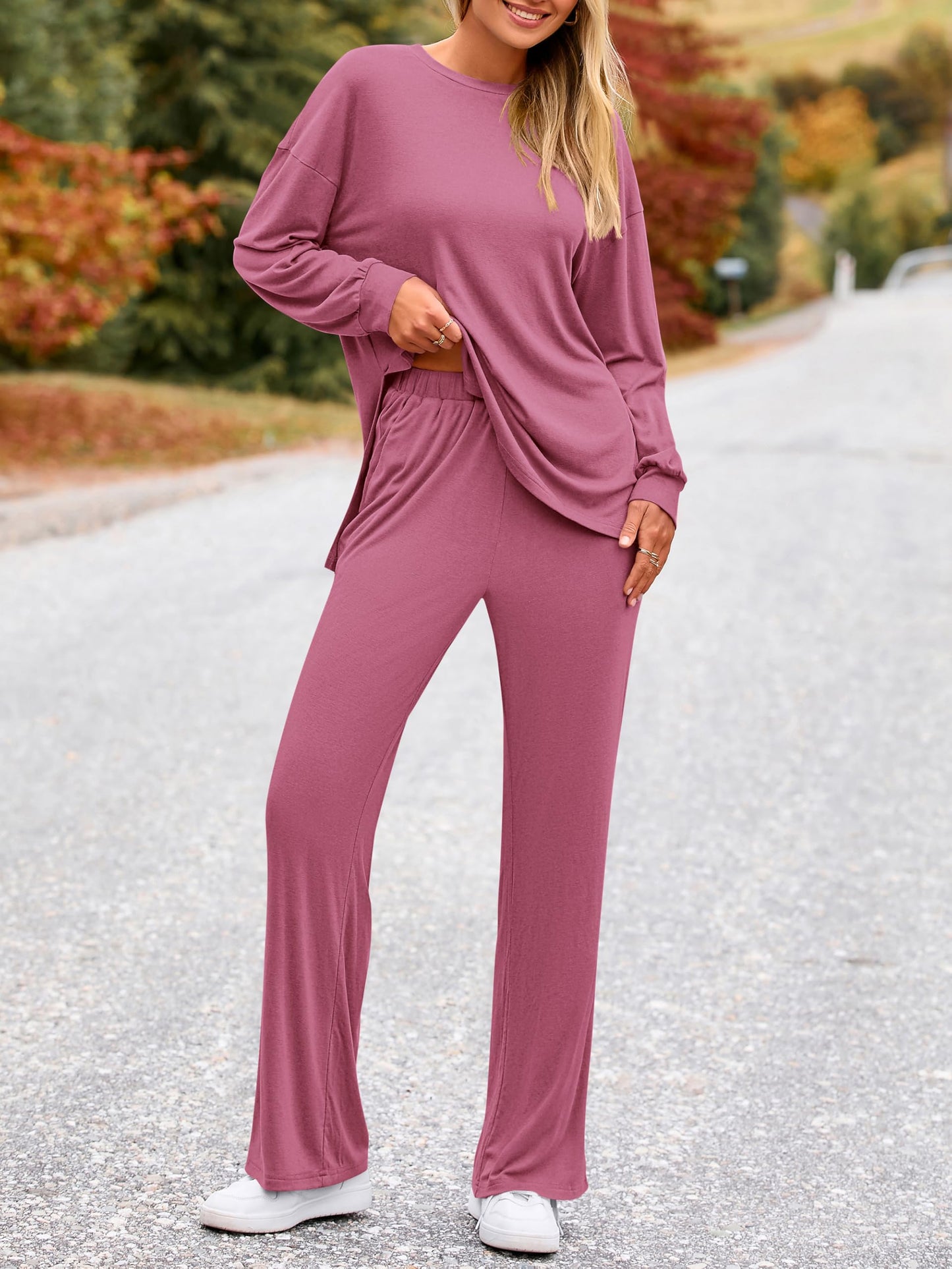 PRETTYGARDEN Womens 2025 Casual Lounge Sets Long Sleeve Tops Wide Leg Long Pants Fall Crewneck 2 Piece Outfits Tracksuits(Wine Red,Small)