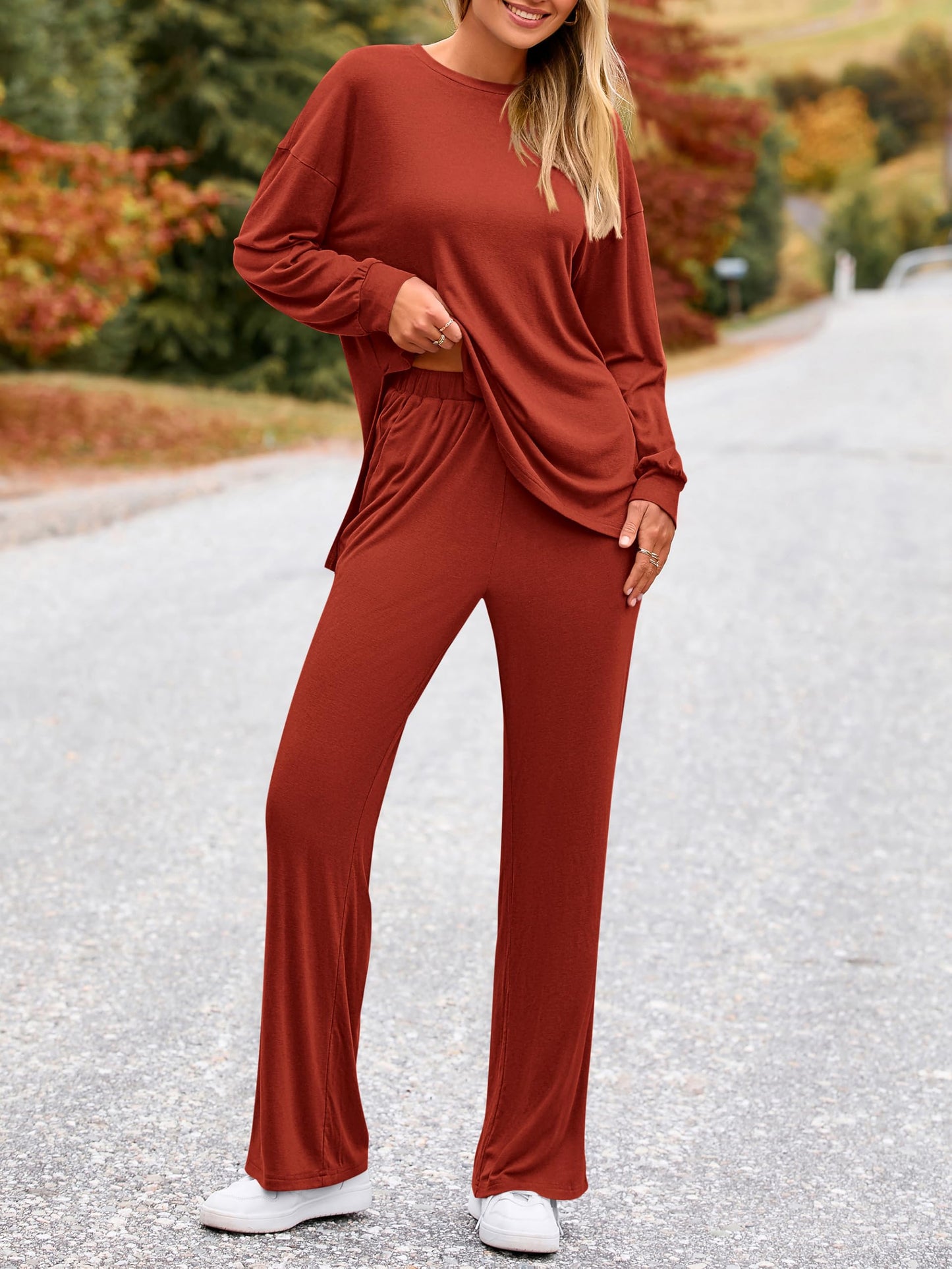 PRETTYGARDEN Womens 2025 Casual Lounge Sets Long Sleeve Tops Wide Leg Long Pants Fall Crewneck 2 Piece Outfits Tracksuits(Wine Red,Small)