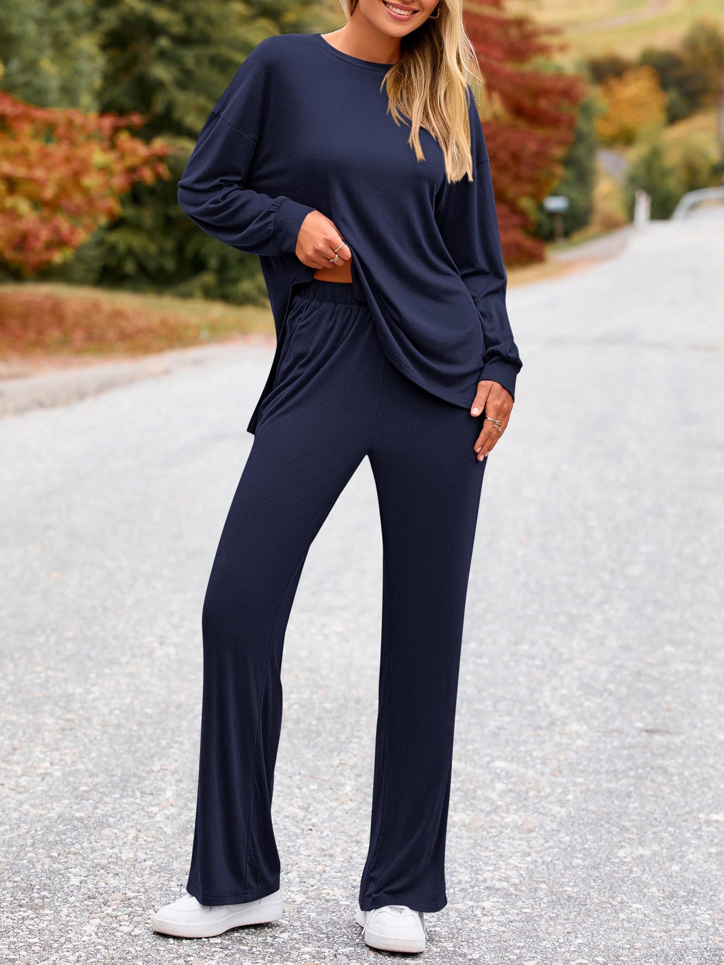 PRETTYGARDEN Womens 2025 Casual Lounge Sets Long Sleeve Tops Wide Leg Long Pants Fall Crewneck 2 Piece Outfits Tracksuits(Wine Red,Small)