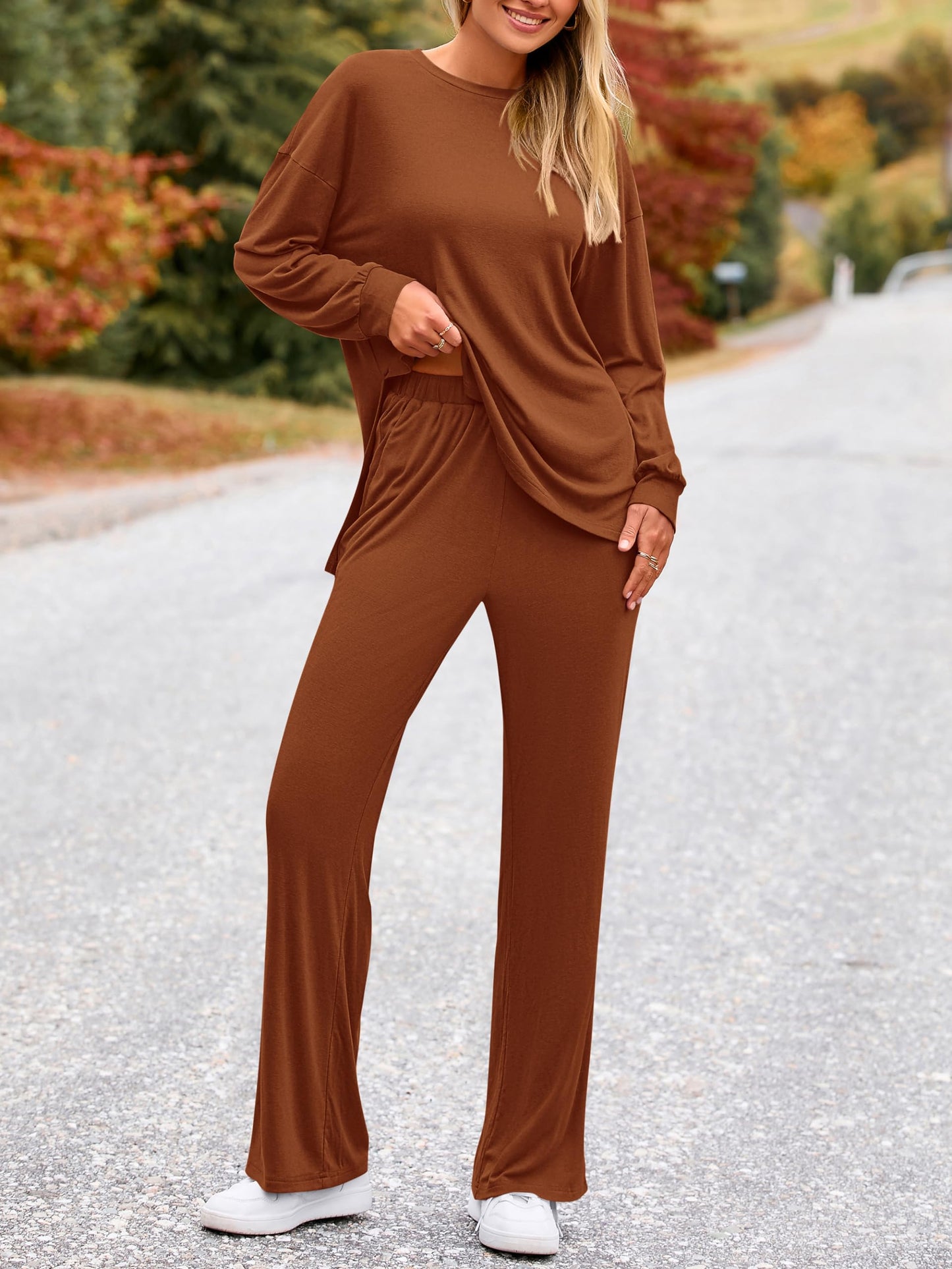 PRETTYGARDEN Womens 2025 Casual Lounge Sets Long Sleeve Tops Wide Leg Long Pants Fall Crewneck 2 Piece Outfits Tracksuits(Wine Red,Small)