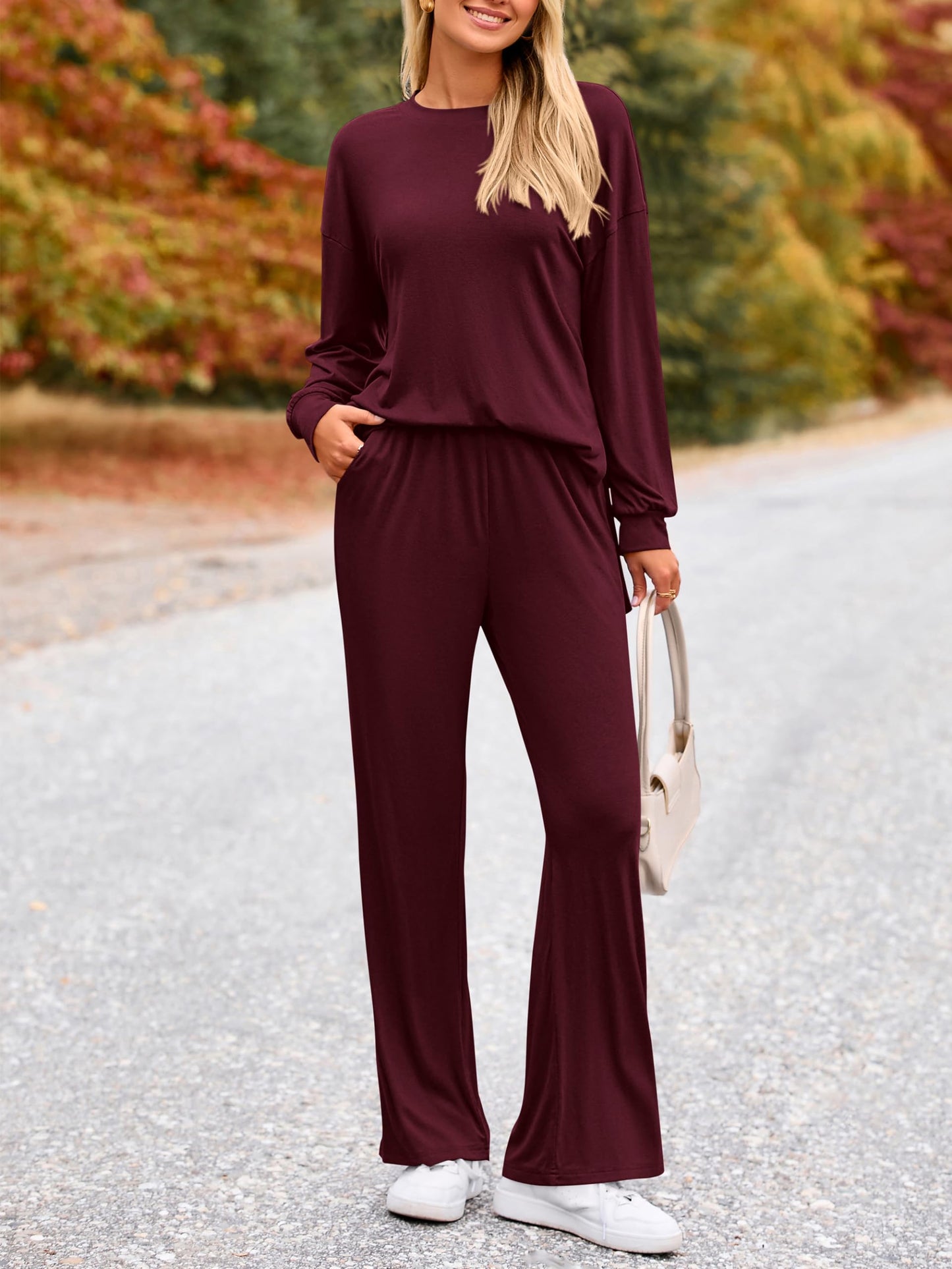 PRETTYGARDEN Womens 2025 Casual Lounge Sets Long Sleeve Tops Wide Leg Long Pants Fall Crewneck 2 Piece Outfits Tracksuits(Wine Red,Small)