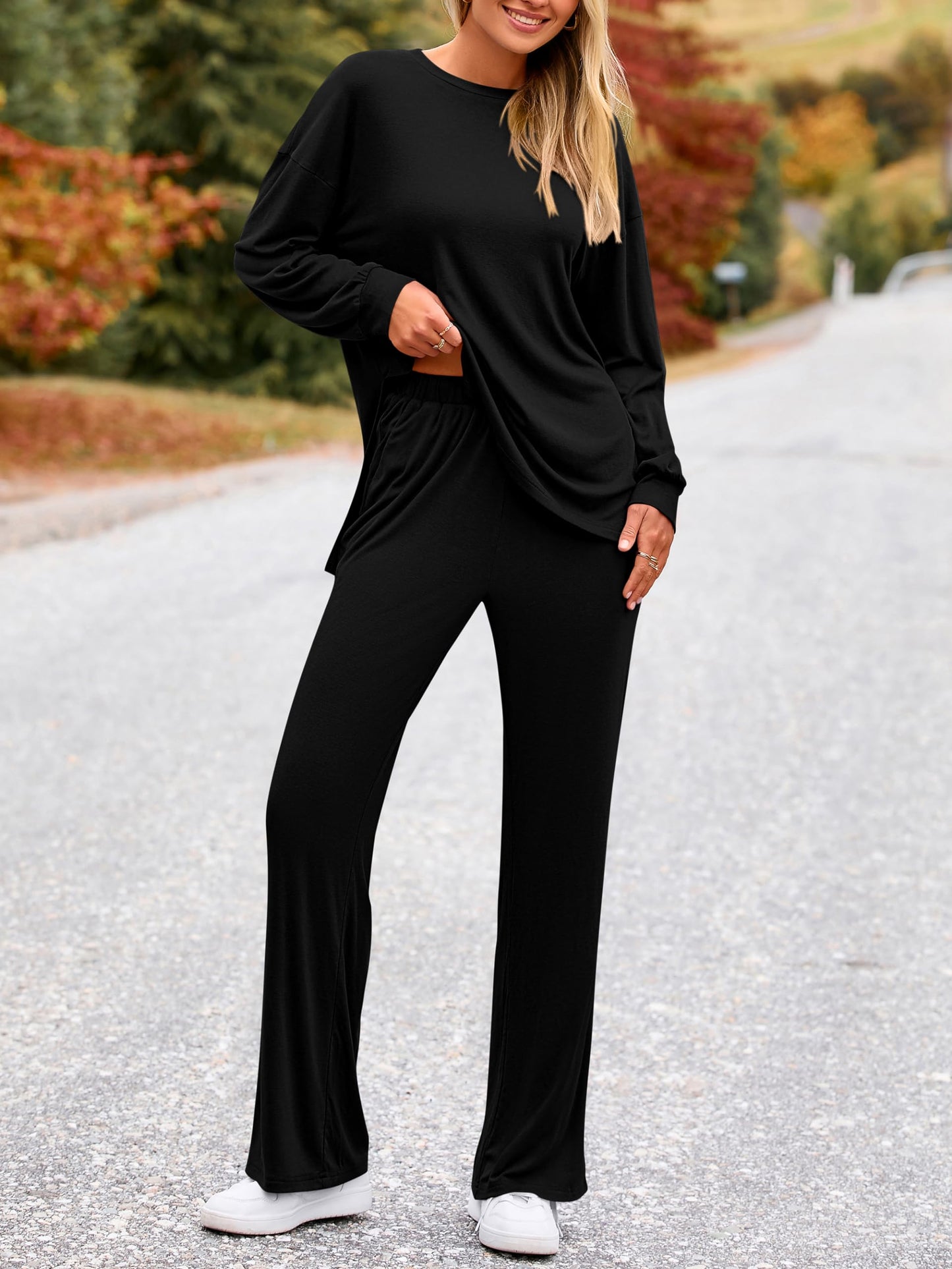 PRETTYGARDEN Womens 2025 Casual Lounge Sets Long Sleeve Tops Wide Leg Long Pants Fall Crewneck 2 Piece Outfits Tracksuits(Wine Red,Small)
