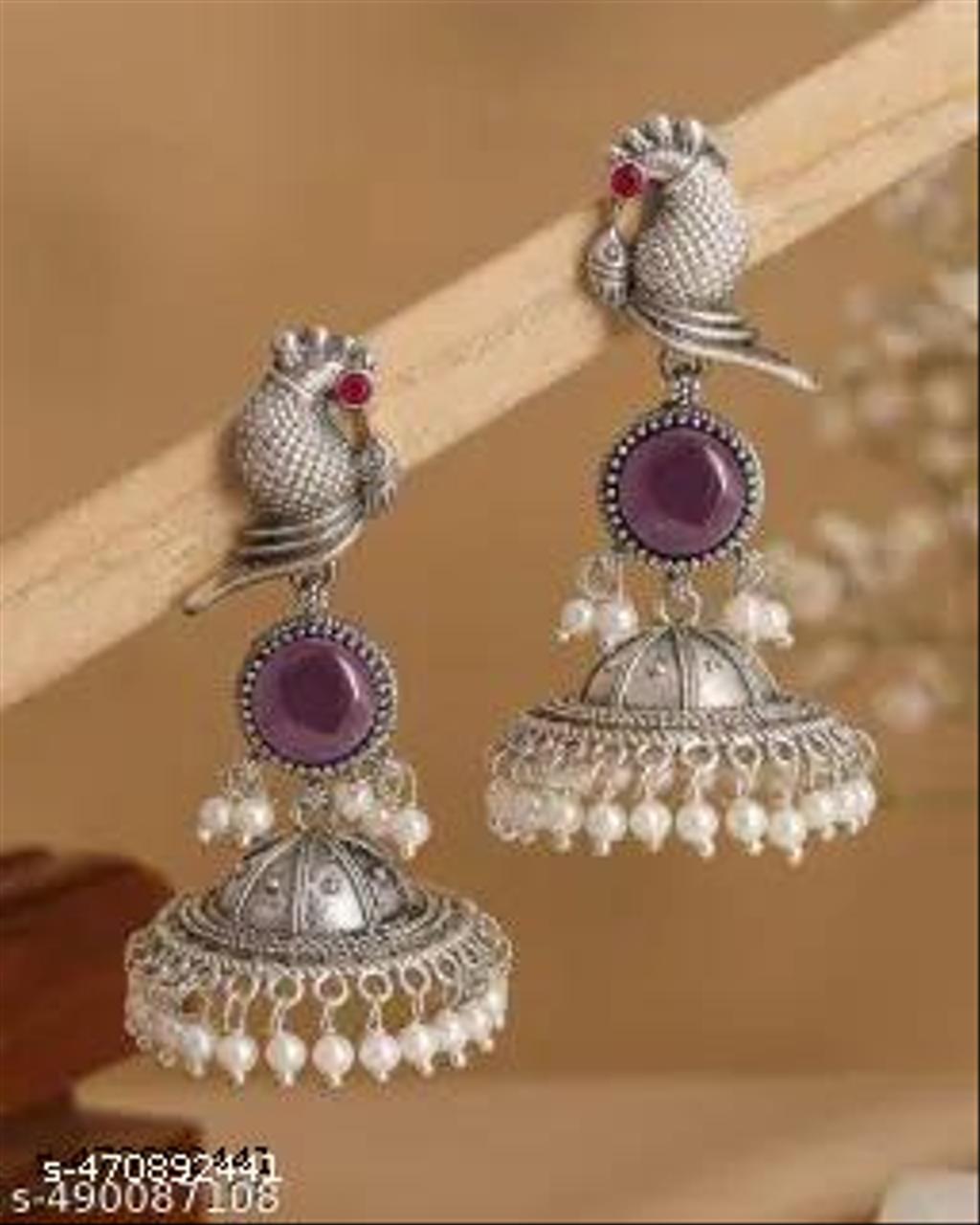 Bird Design Oxidised Jhumka Earrings with Pearls – view 2
