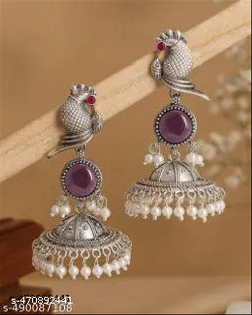 Bird Design Oxidised Jhumka Earrings with Pearls – view 2