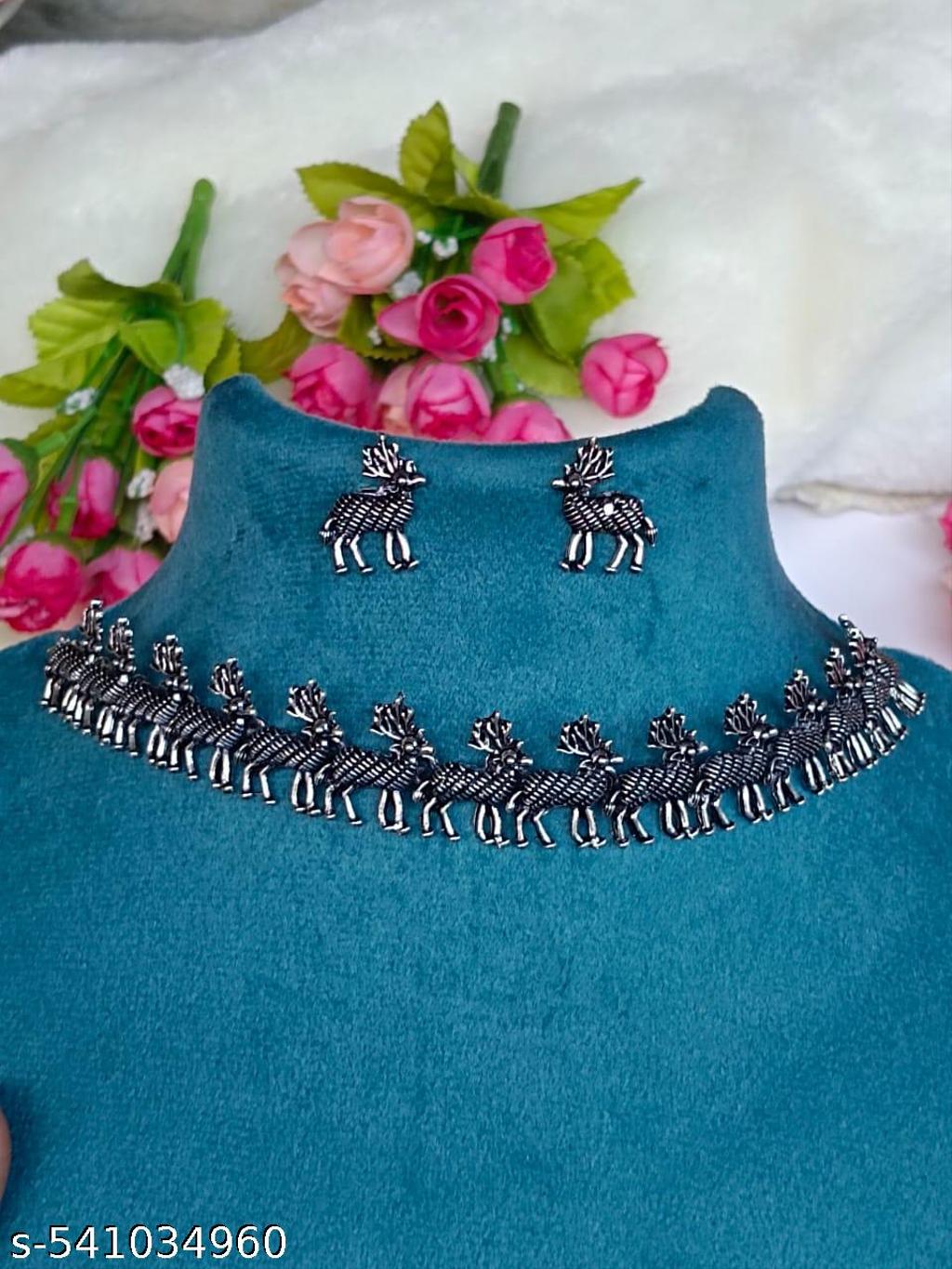 Traditional Oxidised Silver Necklace & Earrings Set – view 4