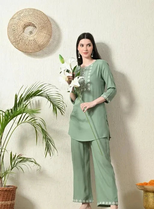 woman wearing embroidered loose-fit co-ord set